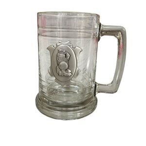 Clear Glass Beer Mug Stein with Pewter Golf Ball Clubs Sporting Motif